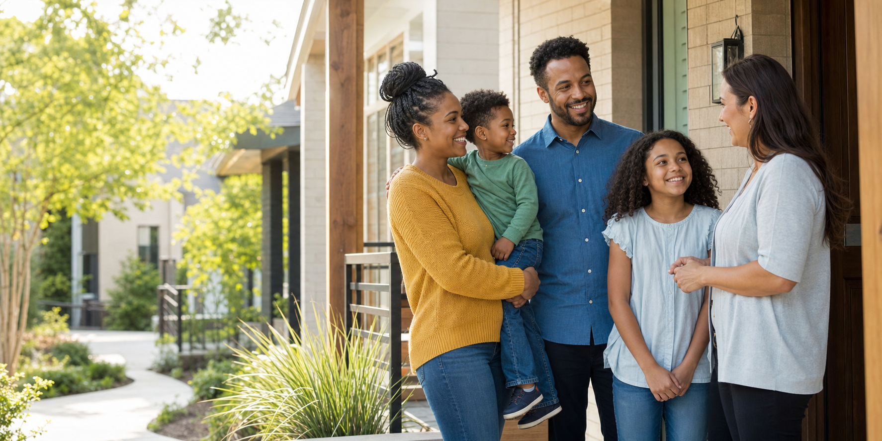A smiling family speaking with a community housing staff member outside a welcoming home